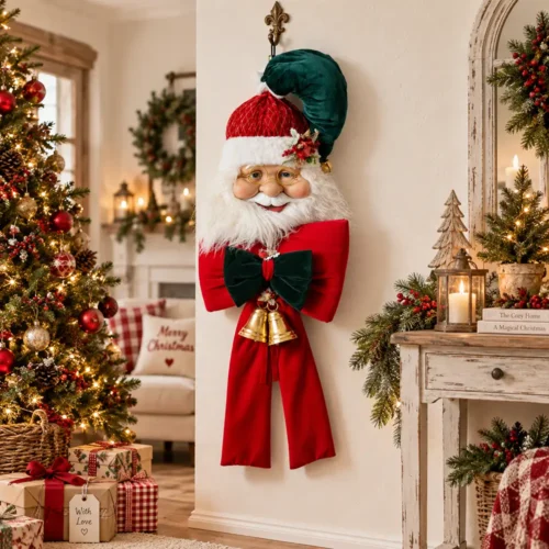Faccia di Babbo Natale Fiori di Lena con grande fiocco rosso imbottito e campanacci dorati, decorazione natalizia da parete H 115 cm.