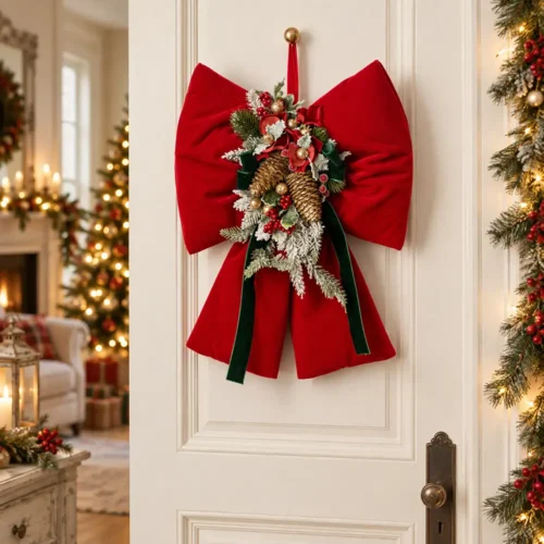 Fiocco Rosso con Stella e Decorazione Natalizia Fiori di Lena H 40 cm, con pigne, bacche e dettagli verdi, ideale per porte e allestimenti di Natale.
