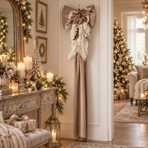 Fiocco con Peonia e Decorazione Natalizia Fiori di Lena H 170 cm in tortora, avorio e oro, ideale per decorare porte, pareti e ingressi a Natale.
