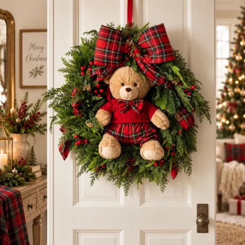 Ghirlanda natalizia Fiori di Lena con teddy, fiocco tartan e verde decorativo, ideale per porta d’ingresso e ambienti natalizi.