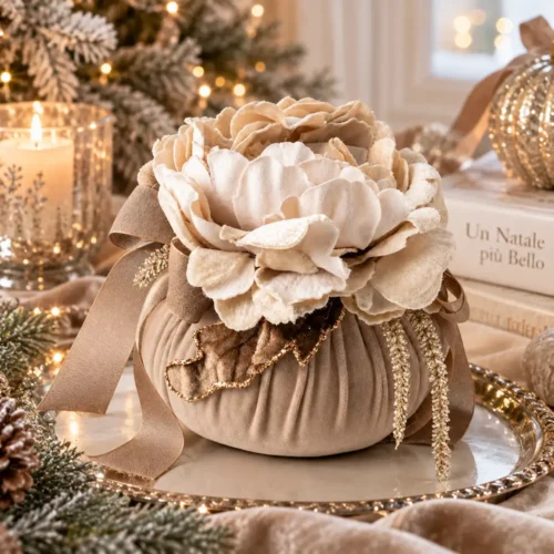 Fiori di Lena Pouf in Velluto Cognac con Peonia e Decorazione Natalizia Ø 16 cm