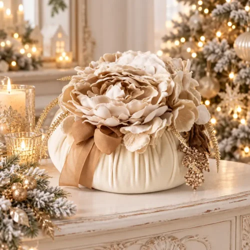 Pouf in velluto nude Fiori di Lena con peonie e decorazioni natalizie, ideale come centrotavola o complemento shabby chic per le feste.