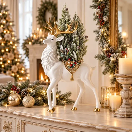 Renna Bianca con Sella di Perle e Albero Fiori di Lena, decorazione natalizia bianca e oro con albero innevato per ingresso e soggiorno.