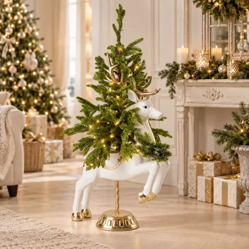Renna in resina portalbero con LED Fiori di Lena, bianca con dettagli dorati e verde natalizio, ideale per decorare ingresso o soggiorno.