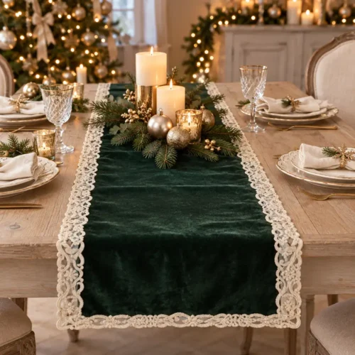 Runner Fiori di Lena in velluto verde inglese con pizzo oro, disposto su una tavola elegante con candele e decorazioni natalizie.