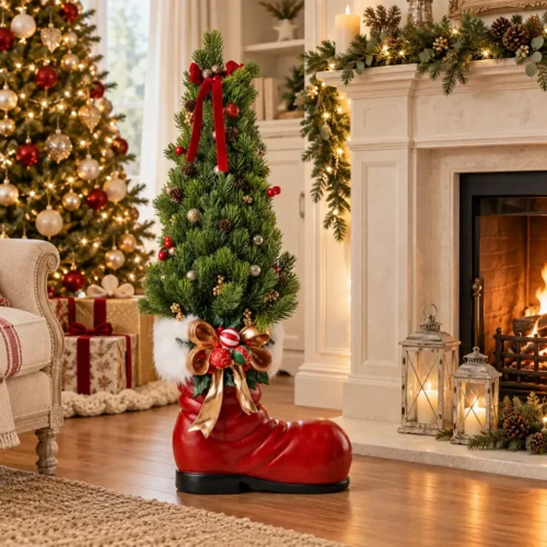 Scarpone di Babbo Natale Fiori di Lena in resina con albero decorato, H 80 cm, ambientazione natalizia per ingresso, soggiorno o camino.