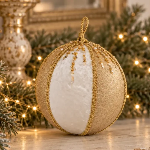 Sfera a Spicchi Fiori di Lena in velluto bicolore avorio e oro con paillettes, decorazione profumata per centrotavola e allestimenti natalizi.