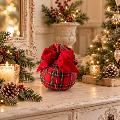 Sfera scozzese Fiori di Lena Ø 20 cm in tartan rosso con fiocco in velluto, decorazione profumata per allestimenti natalizi shabby chic.