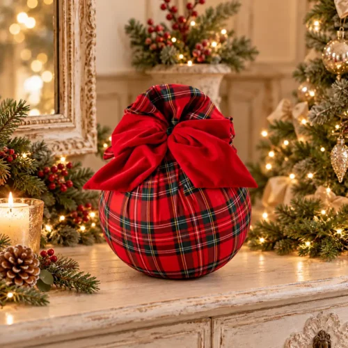 Sfera Scozzese Fiori di Lena Ø 25 cm con fiocco in velluto rosso, decorazione profumata per tavola, camino e ambienti natalizi.