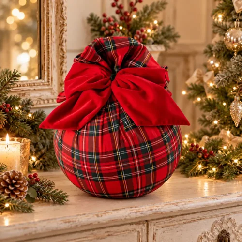 Sfera Scozzese Fiori di Lena Ø 30 cm in tartan rosso con grande fiocco in velluto, decorazione profumata per ambienti e allestimenti natalizi.