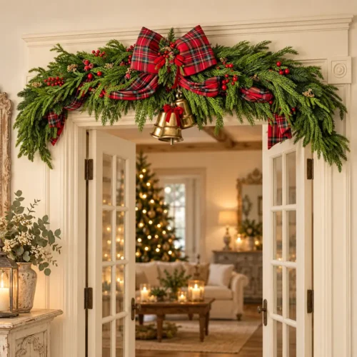 Tralcio fuoriporta natalizio Fiori di Lena 150 cm con fiocco tartan rosso, tre grandi campanacci e decorazioni festive, ideale sopra porta o camino.