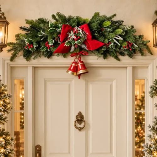 Tralcio fuoriporta natalizio Fiori di Lena da 100 cm con fiocco rosso, bacche, verdi decorativi e campanelle, ideale per decorare l’ingresso a Natale.