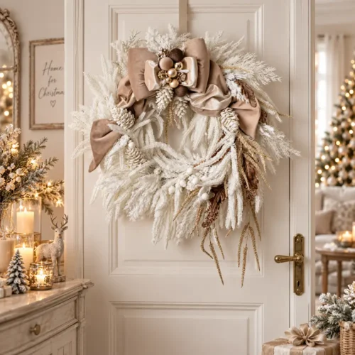 Ghirlanda fuoriporta natalizia Fiori di Lena D 75 cm, innevata e ghiacciata con fiocco in velluto e dettagli dorati, ideale per decorare l’ingresso a Natale.
