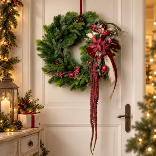 Ghirlanda natalizia Fiori di Lena D 80 cm con decoro floreale amaranto, nastri eleganti e verde decorativo, ideale per porta o parete.