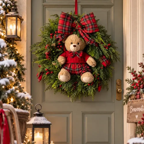 Ghirlanda natalizia Fiori di Lena Ø 80 cm con teddy, maxi fiocco tartan, verde e bacche rosse, ideale per decorare porte e ingressi a Natale.