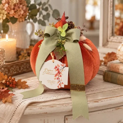 Zucca Regina d’Autunno Madame Fioccò H 20 cm con fiocco verde salvia