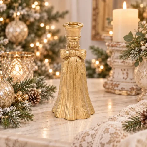 Candelabro dorado de resina con lazo «Silent Gold Nuvole di Stoffa», 20 cm de altura