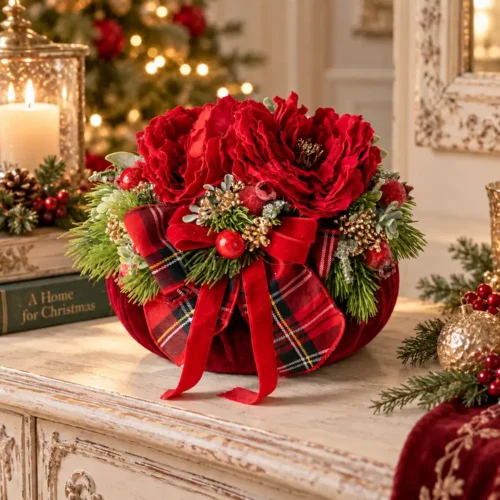 Pouf profumato natalizio Fiori di Lena in velluto rosso con 2 peonie, nastri tartan e dettagli festivi, su consolle shabby chic decorata per Natale.