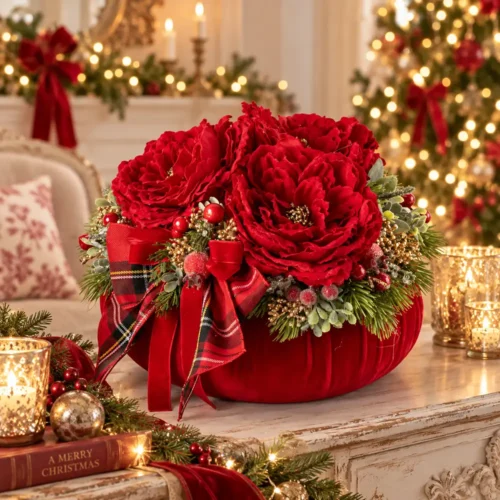 Pouf profumato Fiori di Lena in velluto rosso con tre peonie e decorazioni natalizie, ideale come centrotavola o complemento d’arredo per Natale.