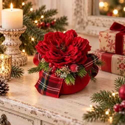 Fiori di Lena Pouf Profumato in Velluto Rosso con Peonia e Decorazione Natalizia Ø 11 cm