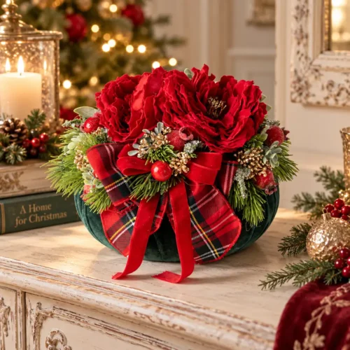 Pouf profumato Fiori di Lena in velluto verde inglese Ø 20 cm con due peonie rosse, fiocchi tartan e decorazione natalizia per tavola e consolle.