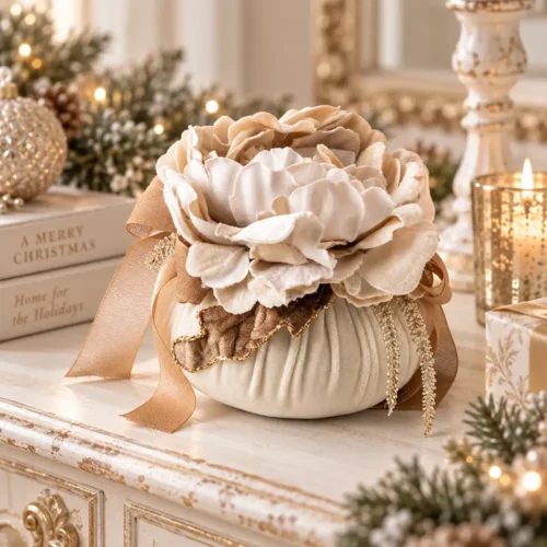 Pouf Fiori di Lena in velluto nude con peonia avorio, nastri e decorazioni dorate, ambientato in un elegante arredo natalizio shabby chic.