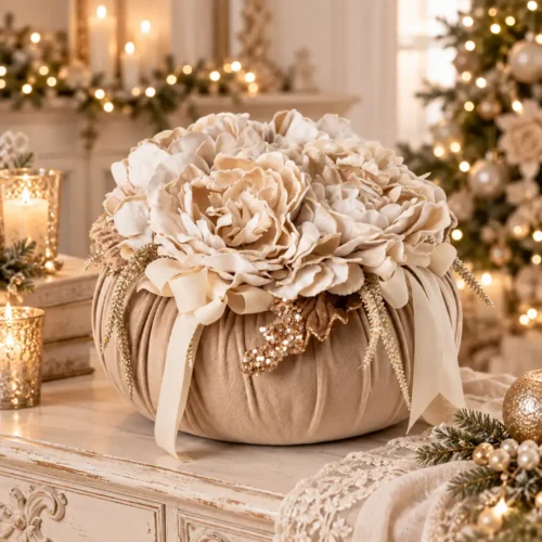 Pouf Fiori di Lena in velluto cognac Ø 28 cm con peonie color crema e decorazioni natalizie, ideale per arredare un elegante ambiente shabby chic.