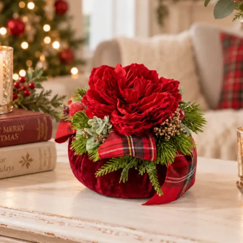 Pouf decorativo Fiori di Lena in velluto rosso con peonia e decorazioni natalizie, ideale come centrotavola o ornamento per la casa a Natale.