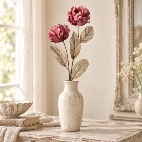 Rami di tulipani realtouch Fiori di Lena in carta rosa antico con foglie naturali, decorazione shabby chic per vaso e composizioni romantiche.