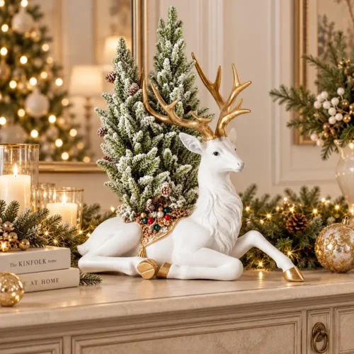 Renna seduta Fiori di Lena con corna dorate e albero di Natale innevato, decorazione profumata per consolle e ambienti natalizi shabby chic.