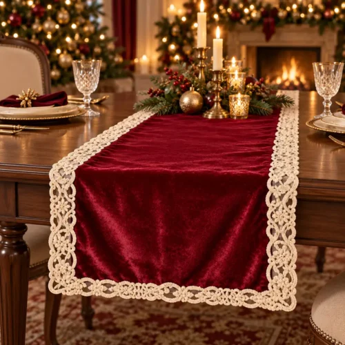 Fiori di Lena Runner velluto con pizzo 140 x 40 cm bordeaux
