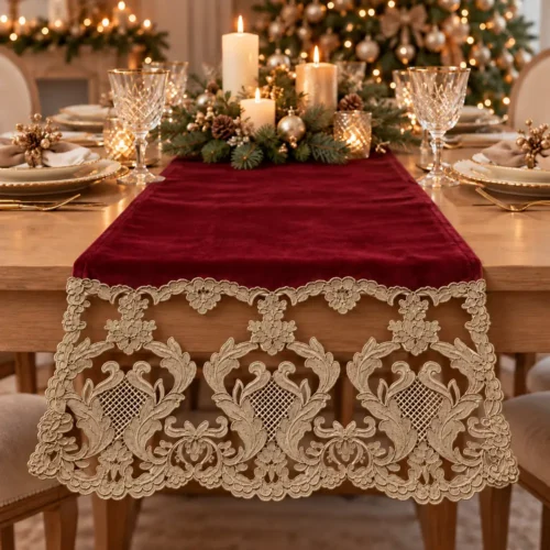 Fiori di Lena Centro velluto con pizzo impero alle basi 160 x 47 cm bordeaux