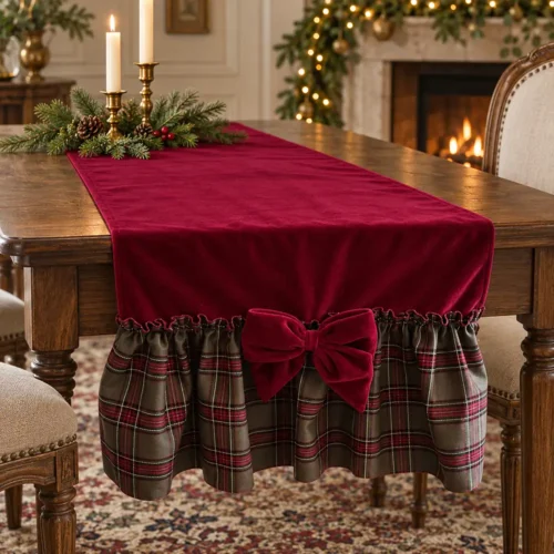 Runner Fiori di Lena in velluto amaranto con rouche tartan e fiocchetti removibili.