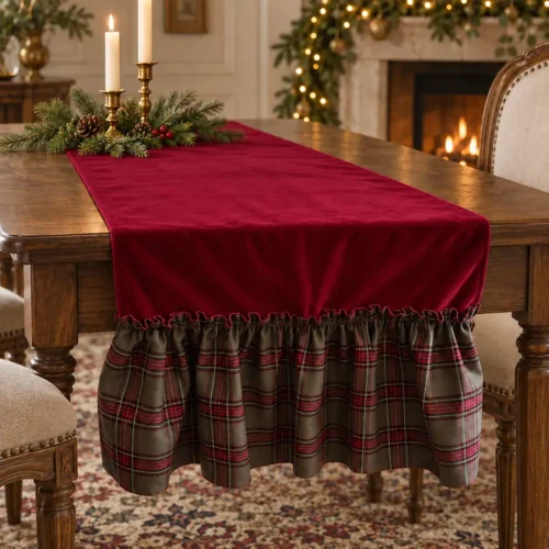 Alternative view of Fiori di Lena Runner in velluto amaranto con rouche tartan 140 x 39 cm