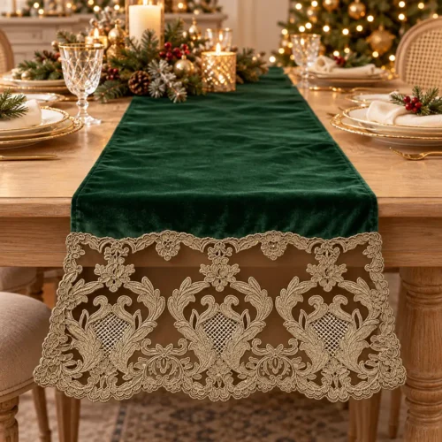 Fiori di Lena Centro velluto con pizzo impero alle basi 160 x 47 cm verde inglese