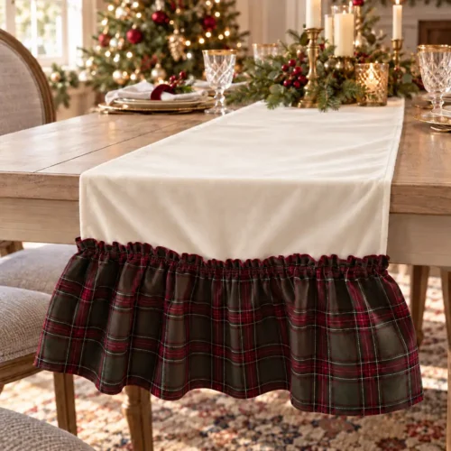 Alternative view of Fiori di Lena Runner in velluto avorio con rouche tartan 140 x 39 cm
