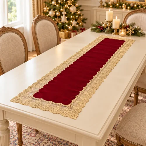 Fiori di Lena Runner velluto con pizzo 140 x 40 cm bordeaux