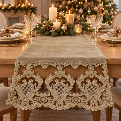 Fiori di Lena Centro velluto con pizzo impero alle basi 160 x 47 cm nocciola