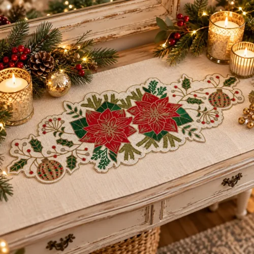 Runner ricamato Blanc Mariclò Perline di Natale 33 × 91 cm