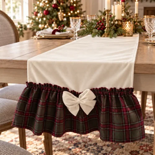 Runner in velluto avorio opaco Fiori di Lena con rouche tartan alle basi e fiocchetti removibili.
