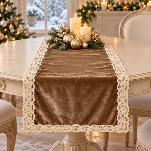 Fiori di Lena Runner velluto con pizzo 140 x 40 cm nocciola