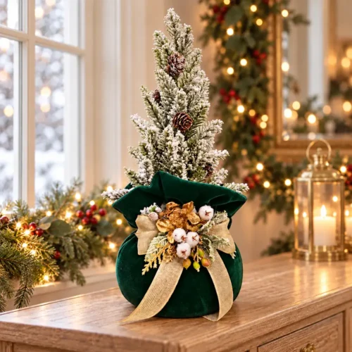 Fiori di Lena Alberello con base in velluto e decorazione natalizia ø 15 cm h 40 cm verde inglese