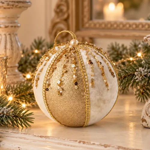 Sfera Fiori di Lena in velluto bicolore oro e avorio con paillettes, decorazione profumata per albero di Natale e composizioni shabby chic.