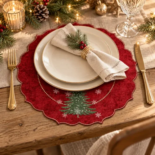 Sottopiatto rotondo Fiori di Lena Ø 41 cm rosso con ricamo albero di Natale e fiocchi di neve, ideale per decorare la tavola delle feste.