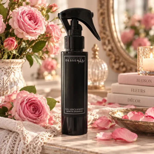 Ambientador en spray «Rosas de Damasco», 100 ml, de Dessenze LAB. La colección «Gli Esclusivi Nero» con rosas rosas