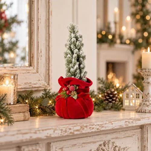 Alberello natalizio Fiori di Lena h 23 cm con base in velluto rosso, effetto innevato e bacche decorative su consolle shabby chic.
