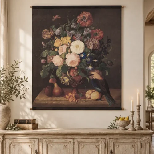 Tela Blanc Mariclò con bouquet di rose e altri fiori, frutta e uccellino su fondo scuro.