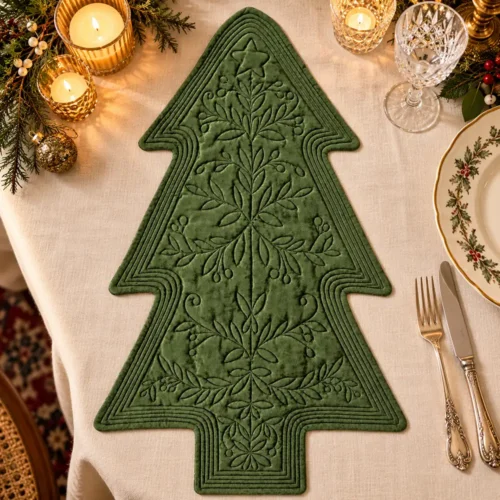 Tovaglietta natalizia verde bosco in velluto a forma di albero, con stella e motivi trapuntati.