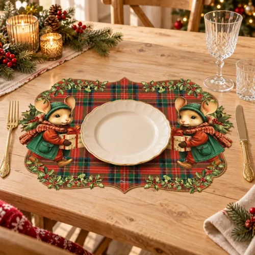 Tovaglietta natalizia Topino in vinile con fantasia tartan, due topini con regali e bordo sagomato decorato con agrifoglio.
