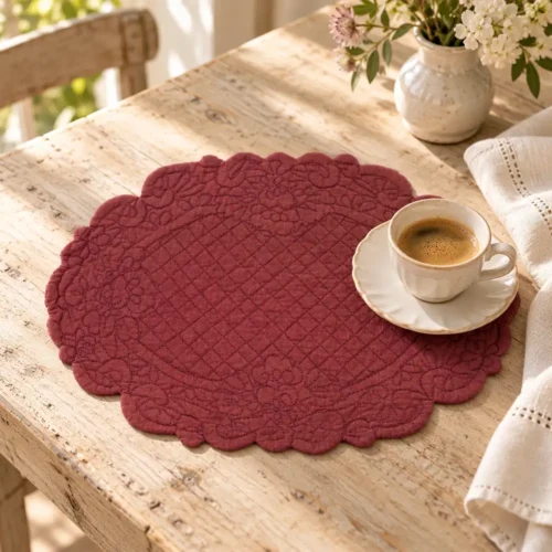 Set de table ovale Carmen marsala 20 × 30 cm, avec matelassage à losanges, décorations florales ton sur ton et bord festonné.